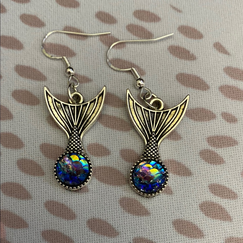 Mermaid Tail Silver Earrings with Blue iridescent Accents